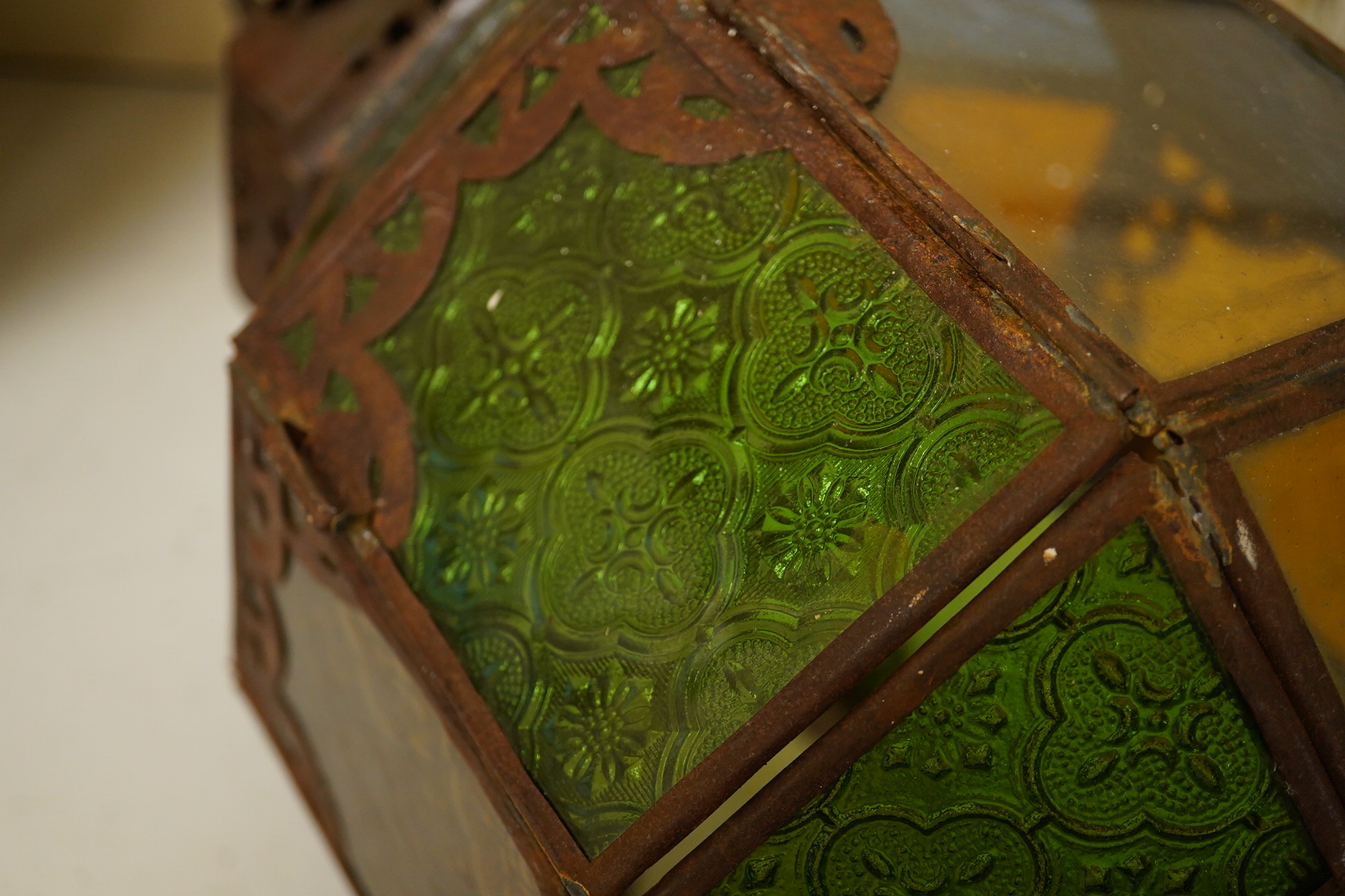 A Moorish coloured glass and tinplate lantern, 50cm high. Condition - poor